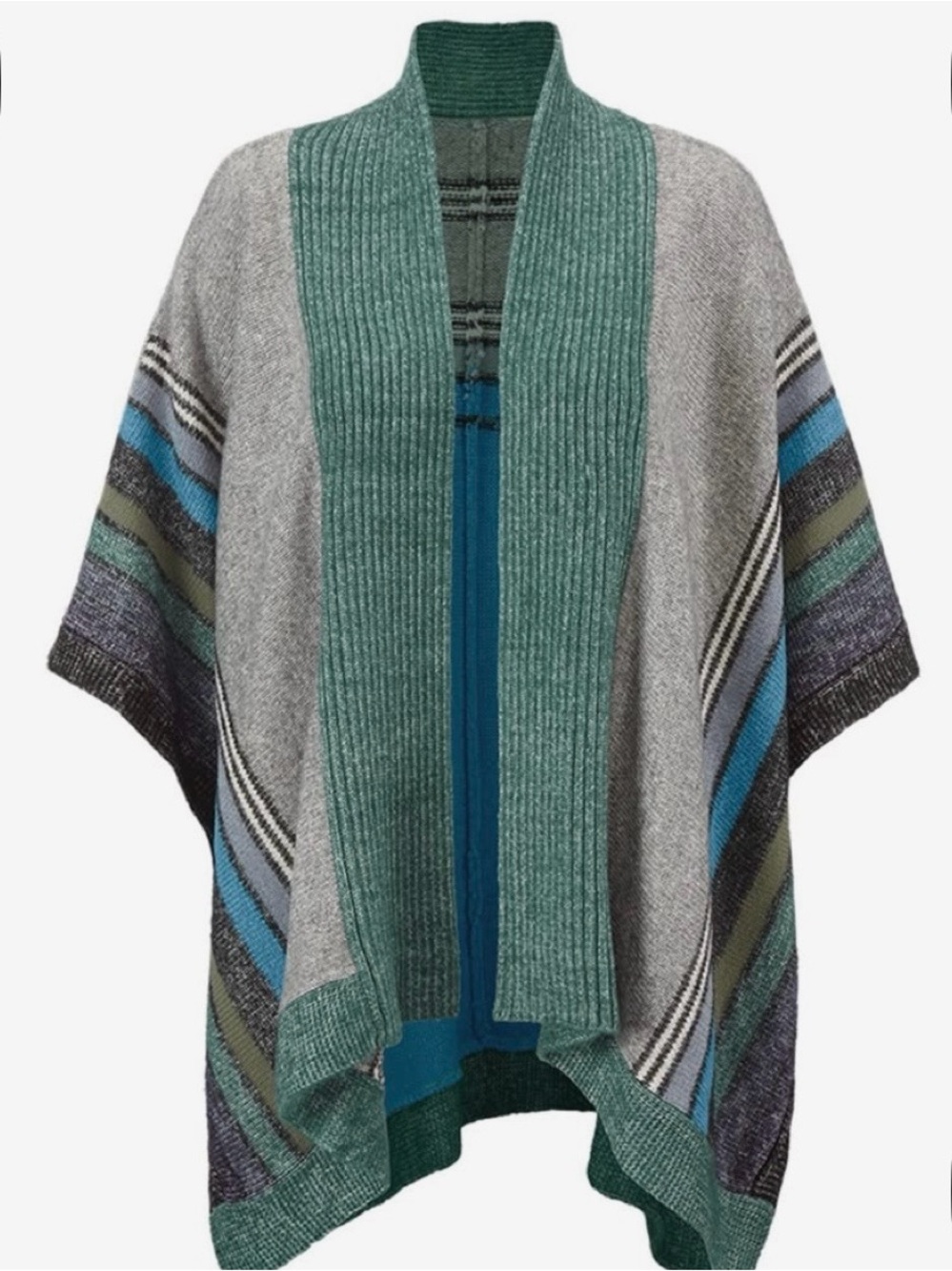 CAbi Teal, Gray & Blue Striped Open-Front Poncho